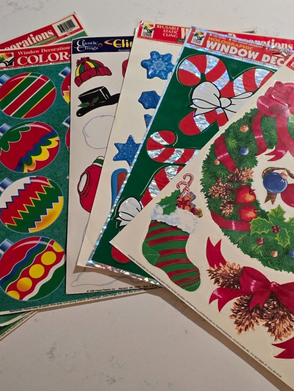 Vintage 1990s Christmas Window Clings Lot of 7 Sheets Snowman Wreath Ornaments